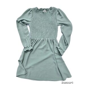 Everly Smocked Dress Long‎ Sleeve Ruffle Trim Green Size M